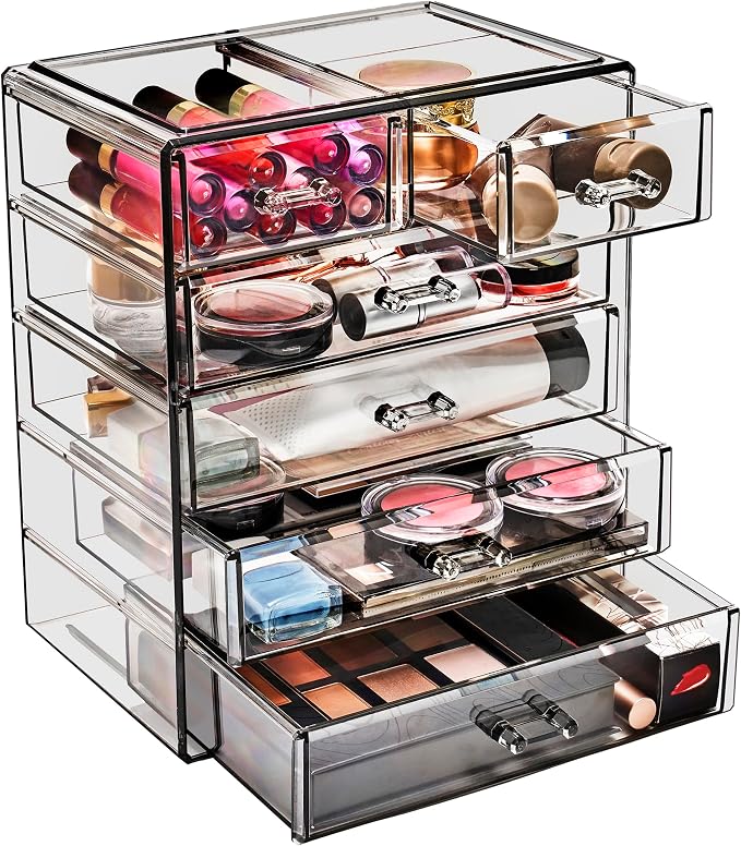 Sorbus Acrylic Makeup Organizer Set, 6-Drawer Vanity & Countertop Cosmetic Storage with Small & Wide Drawers, Black Jewel Makeup Storage for Brushes, Lipsticks, Jewelry, Holiday Gift for Women & Teens