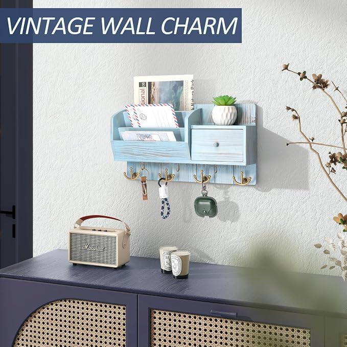 Rebee Vision Key Holder Wall Mount for Room Decor, Distressed Blue | Pine Wood Mail and Key Organizer for Wall, with 7 Hooks, Drawer Organizer, Ideal Storage Solution for Home Improvement