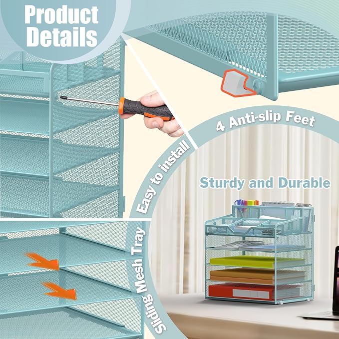 Docnest 5 Tier Mesh Desk Organizer with Letter Tray & Paper Sorter, Blue | Features 3 built-in pen holders & 5 adjustable compartments on top. Includes 4 non-slip rubber feet for desk protection