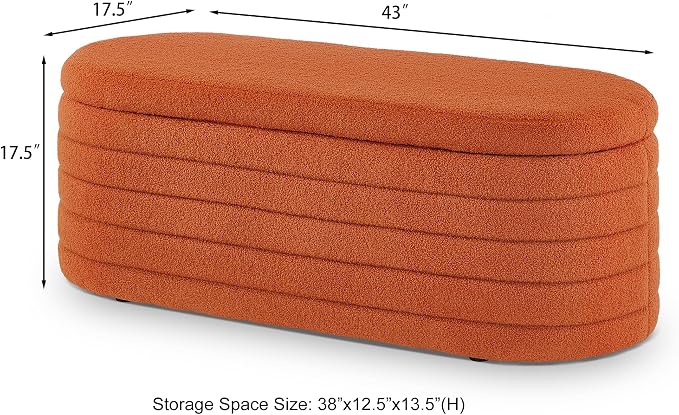 Ball & Cast Storage Bench, Upholstered Oval Ottoman, End of Bed Stool with Safety Hinge for Bedroom, Living Room, Entryway, Teddy Fabric, Orange