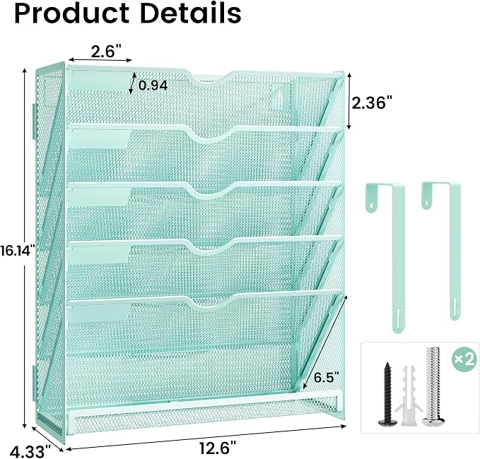 Hanging Wall File Organizer, 6-Tier Desk Organizer with Metal Mesh | Foldable Document Organizer for Office Desk, Wall Mount Magazine Rack for Mail/Books/Tablet, Mint Green