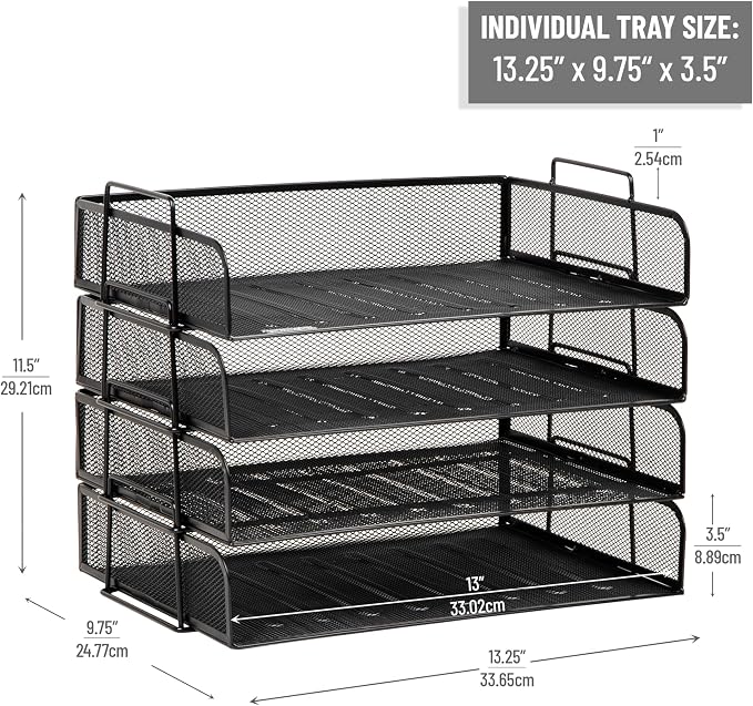 Mind Reader Stackable Paper Tray, Desktop Organizer, File Storage, Office, Metal Mesh, 4 Pcs., Black