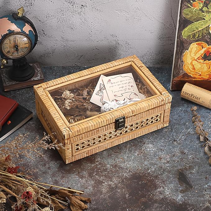 Hipiwe Rattan Display Box with Clear Lid Rectangular Wicker Storage Basket | Handwoven Natural Rattan Decorative Box with Metal Secure Latch, Small Shelf Organizer Basket Bin for Snacks Remotes