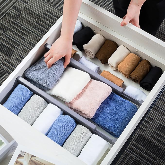 Utoplike Kitchen Drawer Dividers Large, Gray Drawers Organizers Adjustable | Bamboo, Spring Loaded, Works in Dresser, Bedroom, for Silverware, Utensils, 4pcs, Fit 17.8"-20.6" Inner Drawer, 2.4" H