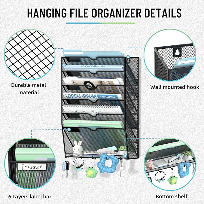 7-Tier Wall File Organizer with 5 Hooks, Wall Mounted Mail Organizer | File Holder Organizer, Metal Mesh Office Wall Organizer for Home, School & Classroom