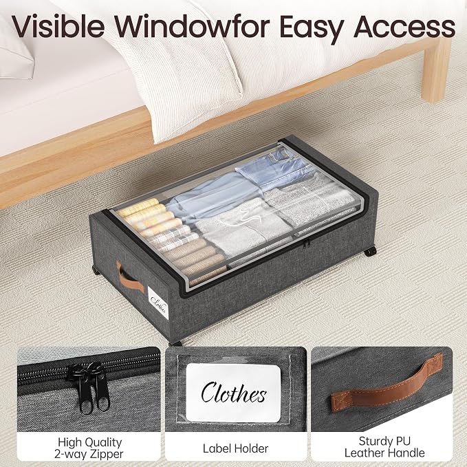 Yecaye 82 L Under Bed Storage with Wheels, 9.4 in Under Bed Storage Containers, Large Under Bed Shoe Storage with Lids, Rolling Underbed Storage bins for Clothes, Blankets, Grey