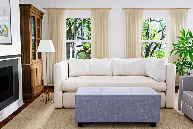 38'' Hinged Storage Ottoman w/Small Foot Stools, Set of 3, Grey | No Tools Assembly, Classical Tufted Cushion Top, Soft Linen Fabric, Large Store Capacity, for Entryway, Window, End of Bed