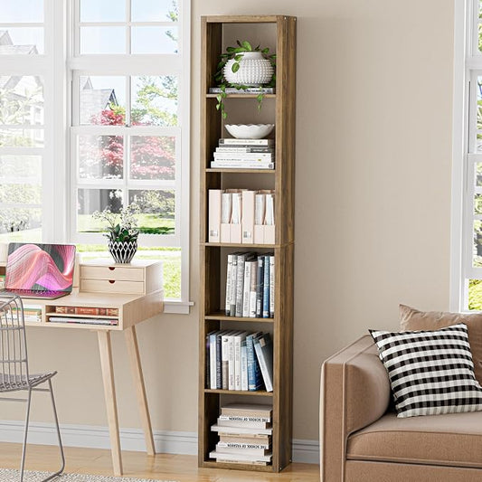VDNEND Cube Storage Organizer Bookcase, Decorative 11 inch Open Back Cubical Shelf with Thickened Border, Display Bookshelf for Living Room, Home Office, Sturdy Room (Brown, 6 Cube,Vertical)