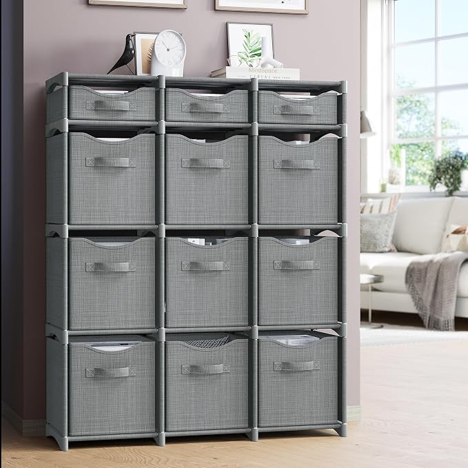 Cube Storage Organizer with Storage Bins Included - The Perfect Closet Organizers and Storage Solution. Includes 12 Storage Cubes, Great For Toy Storage, Closet Storage, Clothes Storage (Grey)