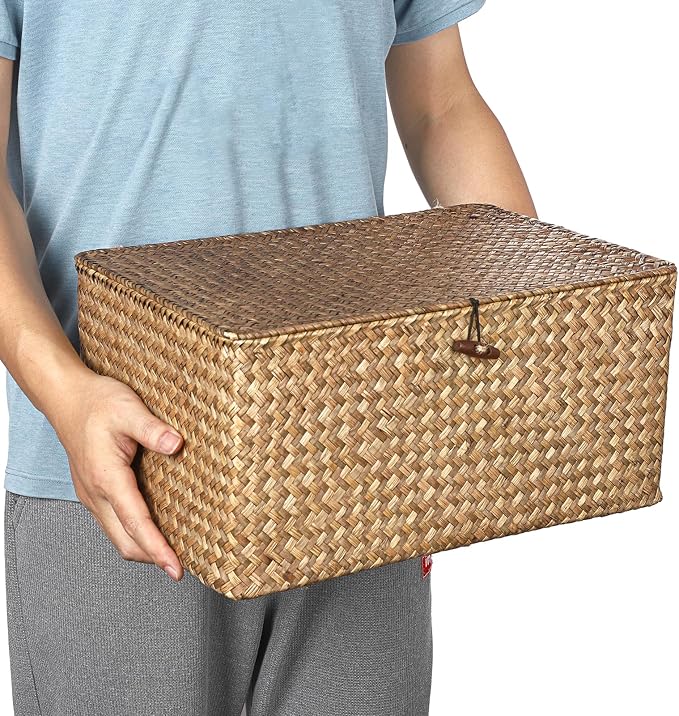 Hipiwe Wicker Shelf Baskets Bin with Lid Woven Storage Box, Coffee X-Large | Handmade Seagrass Basket Storage Bins Rectangular Household Basket Boxes for Shelf Wardrobe Home Organizer