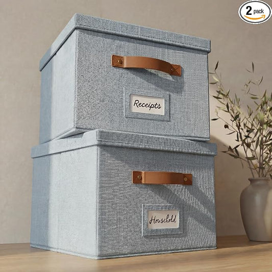 Decorative File Organizer Box Set of 2 - Collapsible Linen Filing Cabinets | Stores Documents and Hanging File Folders - Portable Office Crates with Lid and Handles for Easy Slide Access