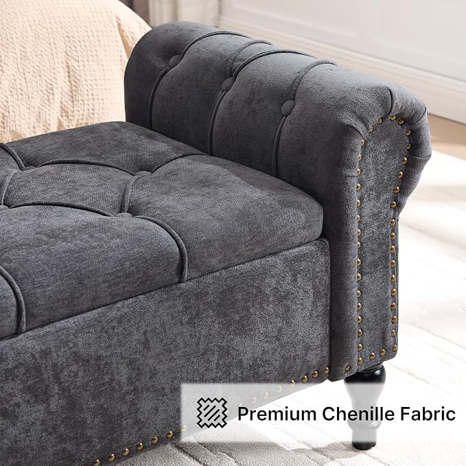 Storage Bed Bench for Bedroom, Chenille 67" End of Bed King Size Benches with Armrest, Tufted Button Upholstered Ottoman Bench for Living Room, Entryway, Dark Grey