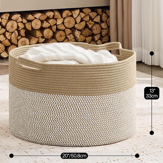 KAKAMAY Large Blanket Basket with Handles, Storage Basket for Living Room | Extra Large Capacity | Natural Cotton Rope | Blanket Storage | Woven Storage Basket | Stuffed Animal Storage | Laundry Basket