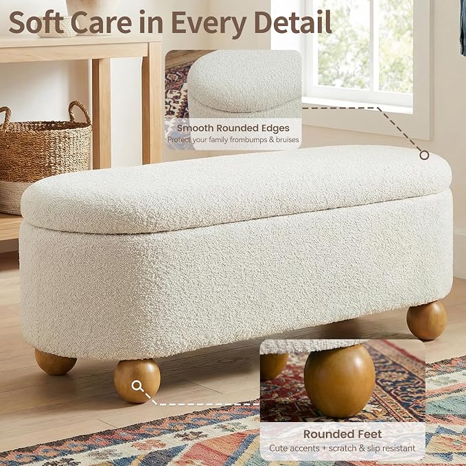 VKNOW 44.8" Storage Ottoman Bench End of Bed Bench with Hinge, Beige | Cute Spherical Solid Wood Stool Legs, Comfortable Fabric, No Assembly, Bedroom Living Room Entryway Dressing Areas