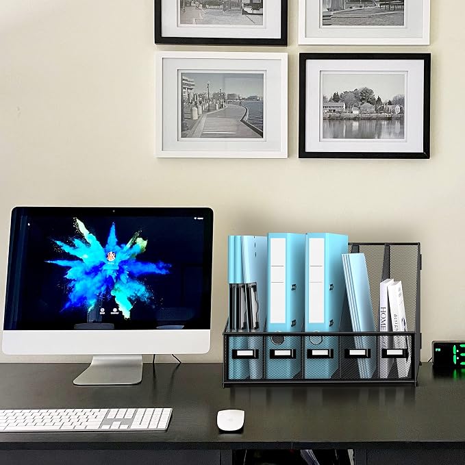 SUPEASY Desk Organizers Metal Desk Magazine File Holder with 16''x12''x12'' 5 Vertical Compartments Rack File Organizer for Office Desktop, Classroom, Home Workspace, Black Plus