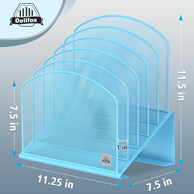 Delifox Inclined Desk File Organizer,Vertical File Folder Holder Stand Metal Rack File Sorter for Office Classroom Desktop Organization (2, Blue, 5)