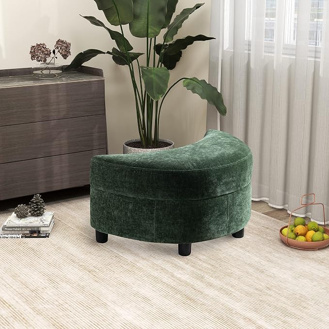 32.7" W Chenille Upholstered Half Crescent Moon Storage Bench Large Ottoman with Tray Serve As Side Table Soft Padded Seat Dressing Shoe Bench Foot Rest Green 32.7" L x 18.9" W x 17.3" H