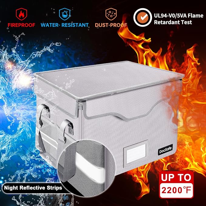 DocSafe Fireproof Document Box with Lock,File Storage Organizer with Pockets,Collapsible Portable File Box Home Office Safe Filing Cabinet with Handle for Hanging Letter/Legal Folders,Silver,2 Pack