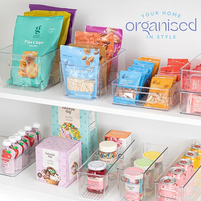 Plastic Food Storage Clear Container Bin with Handles for Organizing Kitchen, Pantry, Refrigerator, Freezer, Pantry, Cabinet, Closet, Bathroom. 14”x4”x4”