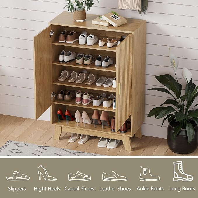 HUANLEGO Shoe Cabinet Storage for Entryway with Doors, Oak | 5 Tier Fluted Shoe Organizer with Adjustable Shelves, Shoe Storage with Wooden Legs, Freestanding Shoe Rack for Entryway