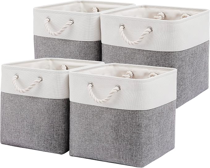 MidmmVick 13 x 13 Inch Cube Storage Bins, 4 Pack Large Collapsible Fabric Storage Bin with Ropes, Foldable Storage Cubes for Home, Office,Closet, Clothes, Toys Organizer (White & Grey)