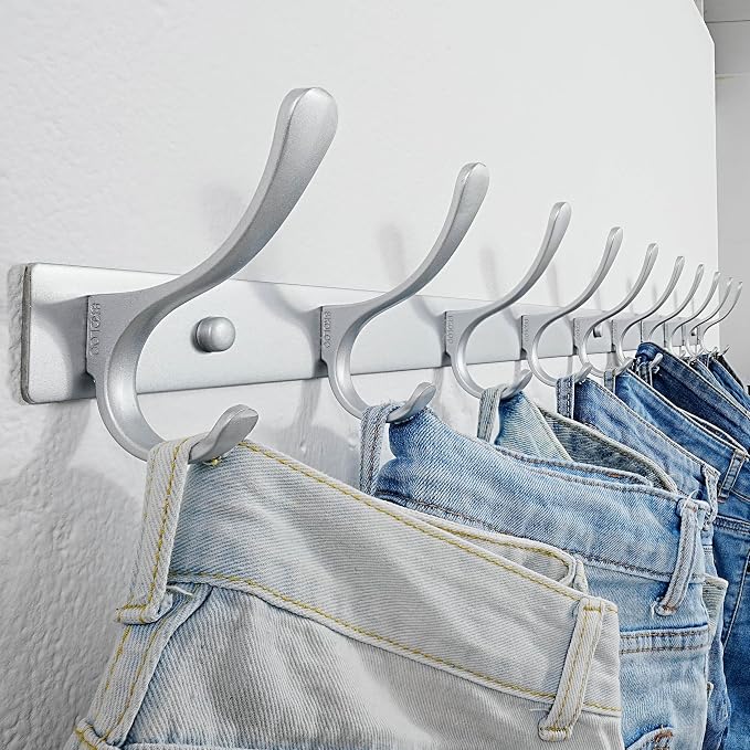 SKOLOO Coat Rack Wall Mounted - 10 Hooks, Heavy Duty, Stainless Steel, Metal Wall Hanger, Sturdy Coat Hooks for Hanging Coats, Jacket, Clothes, Hat, Cold Light Silver