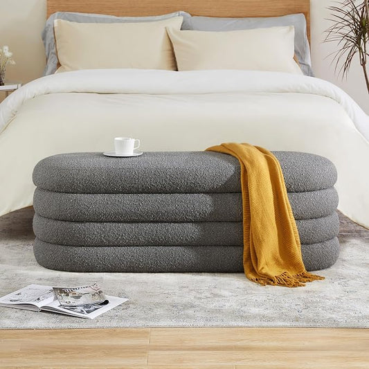 Busaurus Storage Ottoman Bench 49.2 Inch Upholstered Fabric Storage Bench for Bedroom End of Bed Aesthetic Large Oval Ottoman for Living Room(Grey)