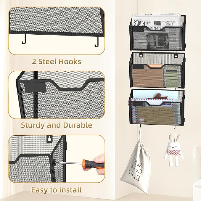 Docnest 3 Pack Mesh Wall File Holders with Hooks for Mail, Black | Space-saving vertical design with utility hooks. Ideal paper document organizer for office, home, and school