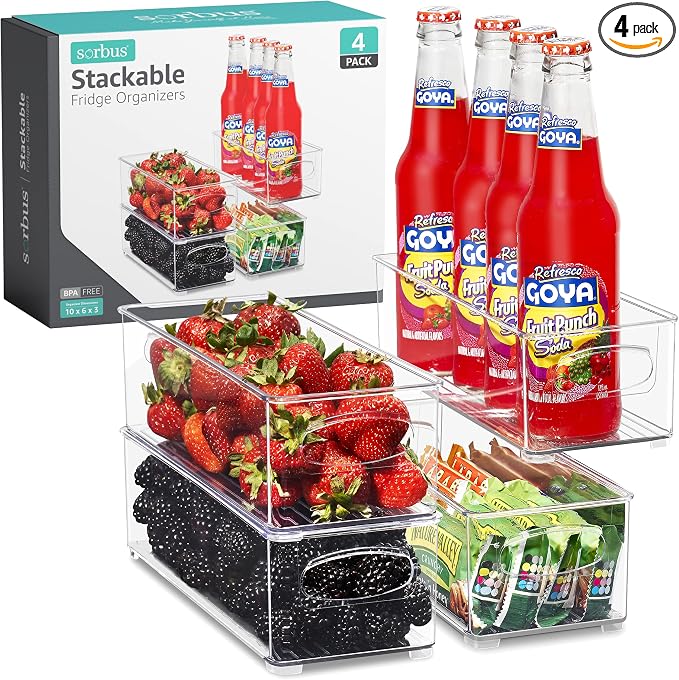 Sorbus Stackable Refrigerator Organizer Bins - Clear Storage Bins for Kitchen Pantry, Freezer & Fridge Organization - Food Organizing Plastic Containers with Handles for Countertops & Drawers (4 Pack)