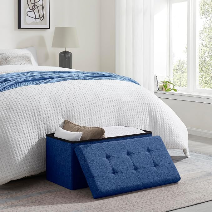 Ornavo Home 30 Inch Folding Storage Ottoman Bench, Tufted Linen, Navy Blue | Upholstered Large Ottoman with Lid; Foot Rest Stool; Ideal for Bedroom, Living Room or Entryway