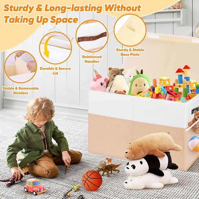 Large Toy Bins Box, Collapsible Storage Chest With Lids, 25"x13"x16" | Sturdy Kids Toy Storage Box with 2 Pockets and Dividers for Boys Girls, Bedroom & Living room Organization, White & Beige
