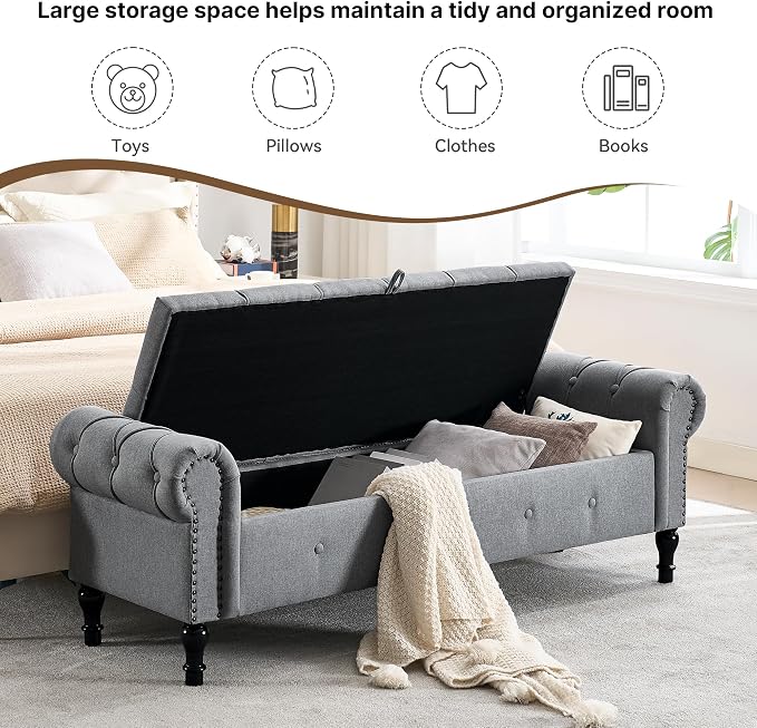 Storage Bench 67" Linen End of Bed Benches Grey | King Size Storage Bench for Bedroom with Rolled Arms Tufted Ottoman Benches Upholstered Bench for Living Room Entryway