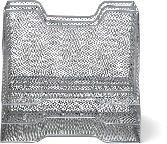 Mind Reader Metal Mesh Desktop File Organizer, 3-Tier Paper Tray with 5 Compartments, Office Mail Sorter, Silver
