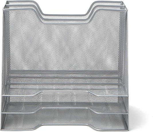 Mind Reader Metal Mesh Desktop File Organizer, 3-Tier Paper Tray with 5 Compartments, Office Mail Sorter, Silver
