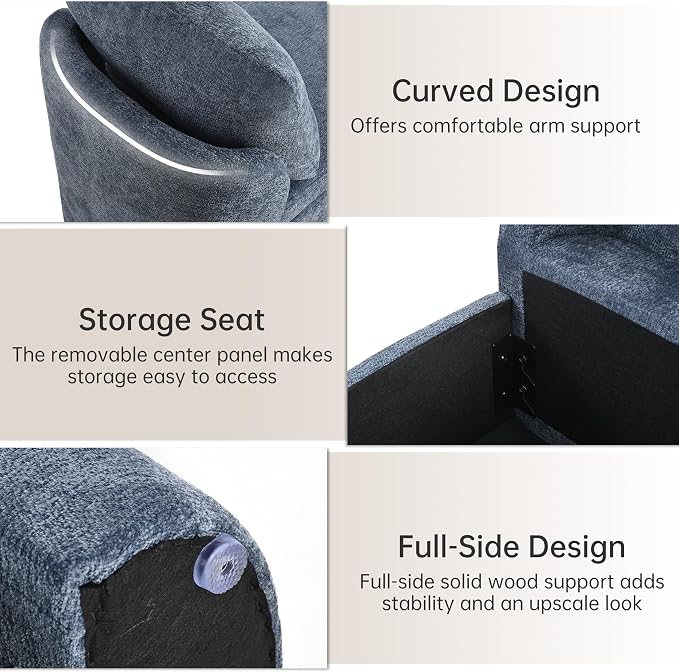 Usaint 58.3" Upholstered Storage Ottoman Bench with 2 Throw Pillows, Blue | End of Bed Bench with Curved Arms and Thickened Seat Cushion for Bedroom, Livingroom, Window, Entryway and Dressing Areas