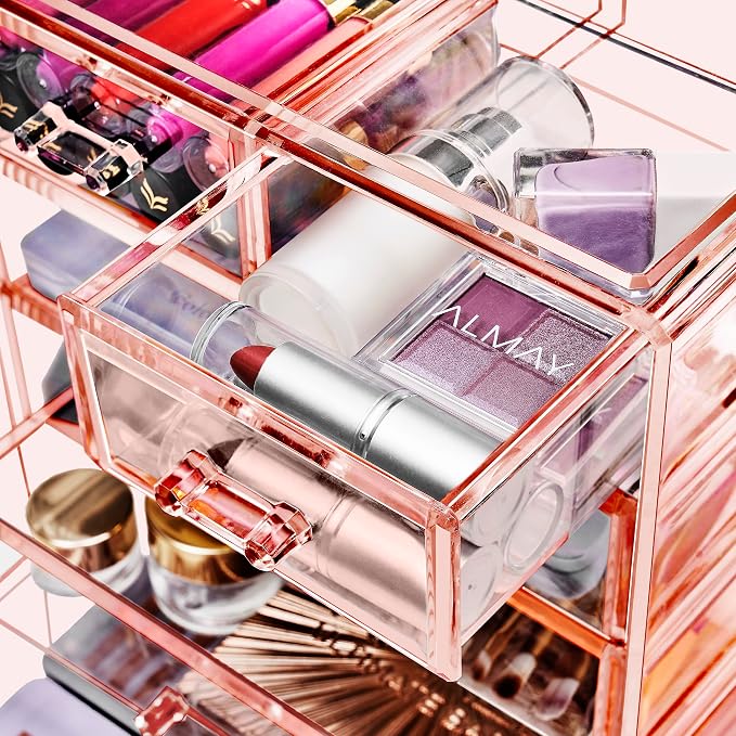 Sorbus Acrylic Makeup Organizer Set, 6-Drawer Vanity & Countertop Cosmetic Storage with Small & Wide Drawers, Pink Makeup Storage for Brushes, Lipsticks, Jewelry – Holiday Gift for Women & Teens
