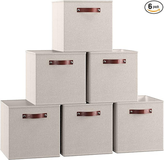 Ornavo Home 11x11 Foldable Fabric Storage Cube Bins, 6 Pack, Beige | Collapsible Linen Shelf Basket Organizer; Leather Handles; Ideal Cube Storage For Closet