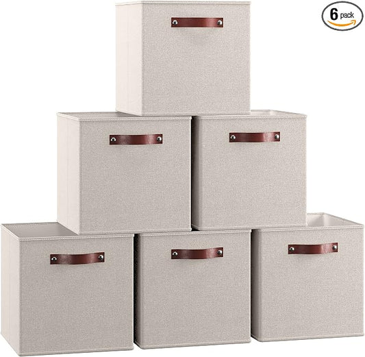 Ornavo Home 13x13 Foldable Fabric Storage Cube Bins, 6 Pack, Beige | Collapsible Linen Shelf Basket Organizer; Leather Handles; Ideal Cube Storage For Closet