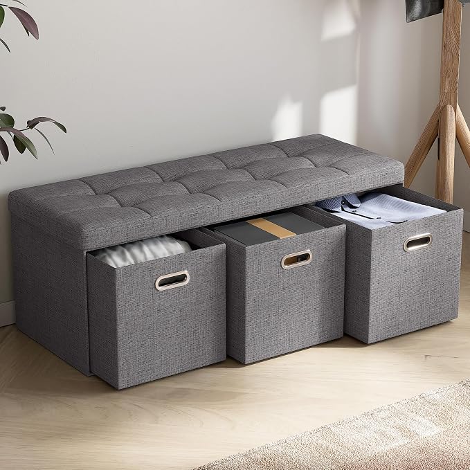 Ornavo Home 40 Inch Storage Ottoman with 3 Drawers, Tufted Linen, Dark Gray | Foldable Large Bench Design; Foot Rest Stool Seat; Ideal for Living Room, Bedroom or Entryway