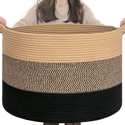 INDRESSME XXXLarge Woven Rope Blanket Basket Living Room, 90L | 21.7" x 13.8" Storage baskets for toys laundry & pillows. Fits living room, bedroom or nursery décor. Soft-touch with handles