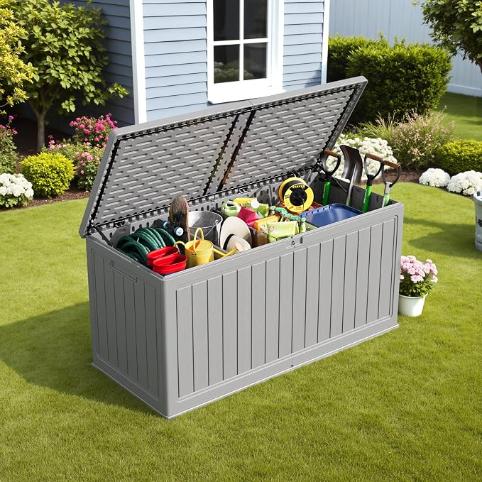 Devoko HDPE 260 Gallon Deck Box Double-Wall with Divider | Large Outdoor Storage Box Side Handles, Waterproof and Lockable for Patio Furniture, Garden, Pool