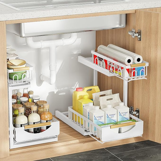 Under Sink Organizer and Storage 2 Tier Cabinet Pull Out Shelf Organizers | 2 Pack 2 Tier under sink storage for Bathroom and Kitchen Slide Out Drawer Organization for Home Cabinets Shelves and Drawers