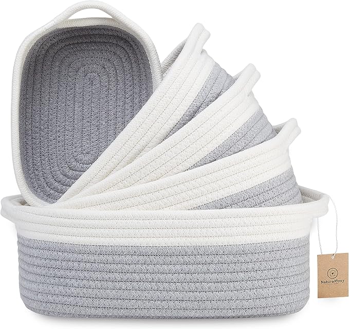NaturalCozy 5-Piece Rectangle Storage Basket Set- Natural Cotton Rope Woven Baskets for Organizing! Small Basket for Montessori, Baby Nursery, Dog Toy Baskets, Cat Toy Box, Bathroom Organization Bin