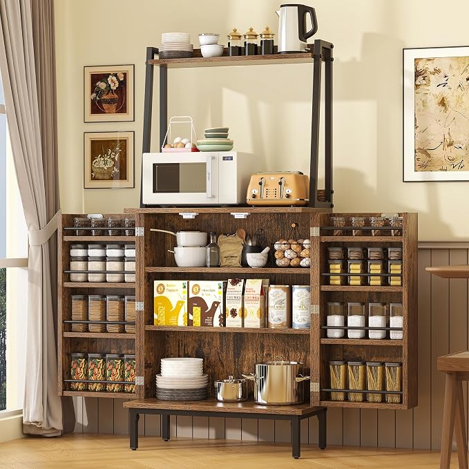 kepptory 51" Kitchen Baker's Rack with Storage, Microwave & Toaster Oven Stand, Freestanding Coffee Bar Station with Wine Glass Holder & Side Storage Shelves, Brown