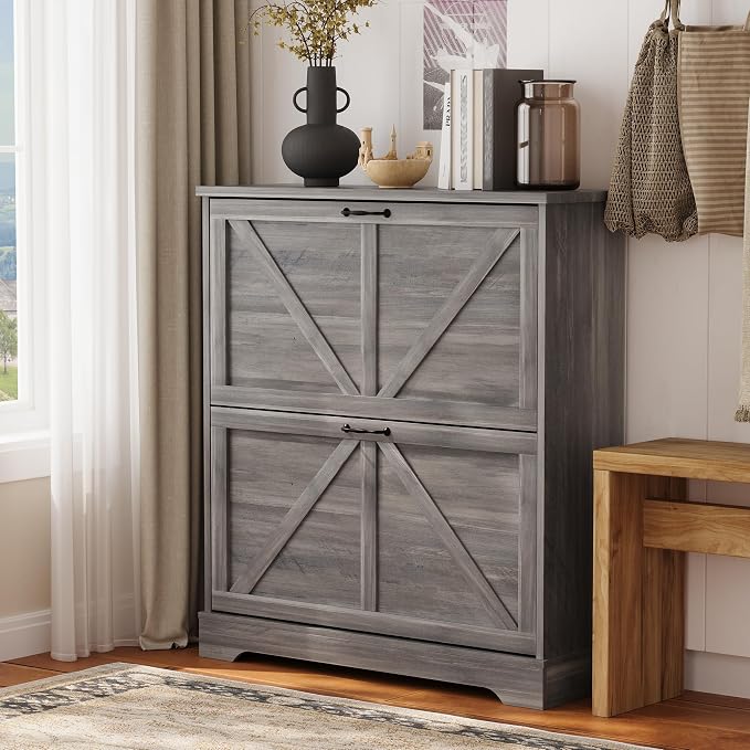 Semiocthome Farmhouse Shoe Storage Cabinet with 2 Flip Drawers, 31.5"(W) Freestanding Shoe Organizer with Barn Door and Metal Handles for Entryway, Rustic Narrow Slim Shoe Rack Cabinet - Washed Gray