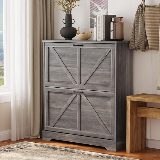 Semiocthome Farmhouse Shoe Storage Cabinet with 2 Flip Drawers, 31.5"(W) Freestanding Shoe Organizer with Barn Door and Metal Handles for Entryway, Rustic Narrow Slim Shoe Rack Cabinet - Washed Gray