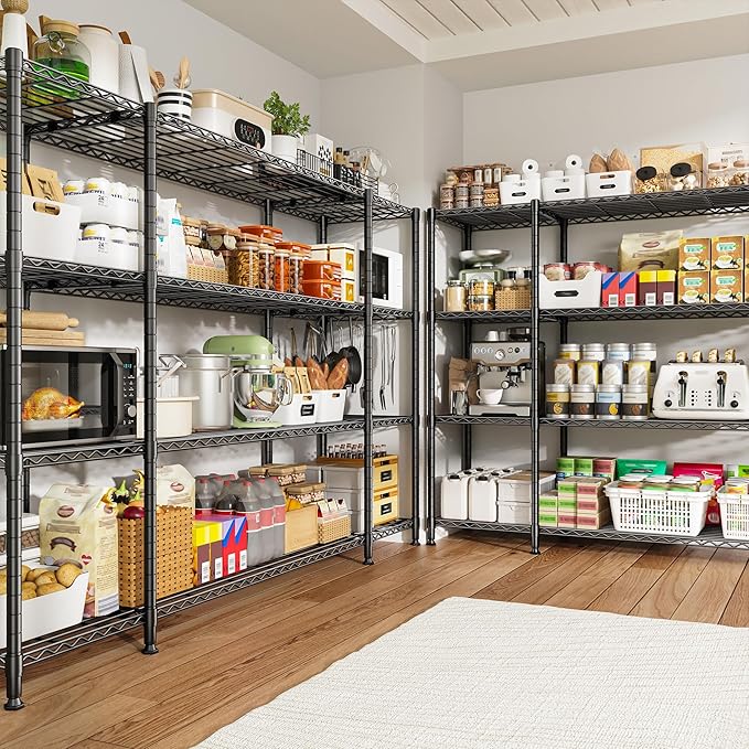 REIBII 78.4''W Storage Shelves, 1500LBS Heavy Duty&Space Saving for Garage | 4 Tier Adjustable Wire Shelving, Powder Coated, Tool-Free Metal Shelving, Scratch Resistant, Rust-resistant, three regular
