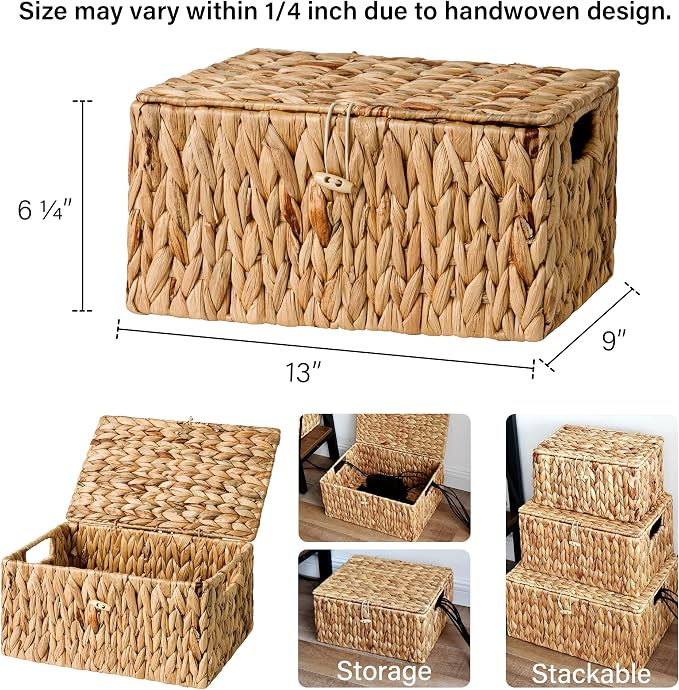 StorageWorks Water Hyacinth Baskets for Organizing, Wicker Storage Basket with Lid and Built-in Handles for Living Room (Medium, 1 Pack)