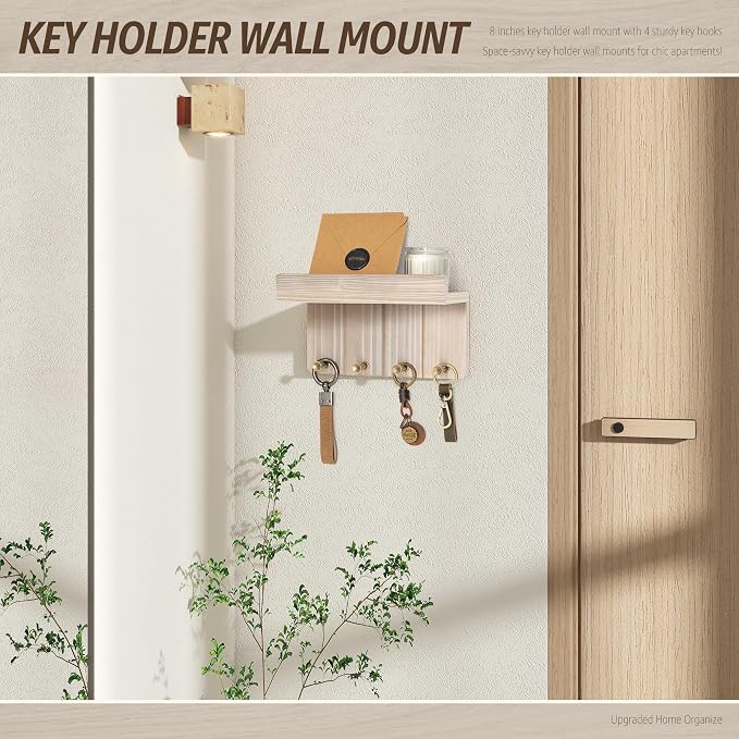 Rebee Vision Key Holder Wall Mount with 4 Hooks for Entryway, Natural Wood | Key and Mail Holder for Wall, Mini Floating Shelf, Mail Organizer, Perfect for Apartment Essentials, Compact Storage
