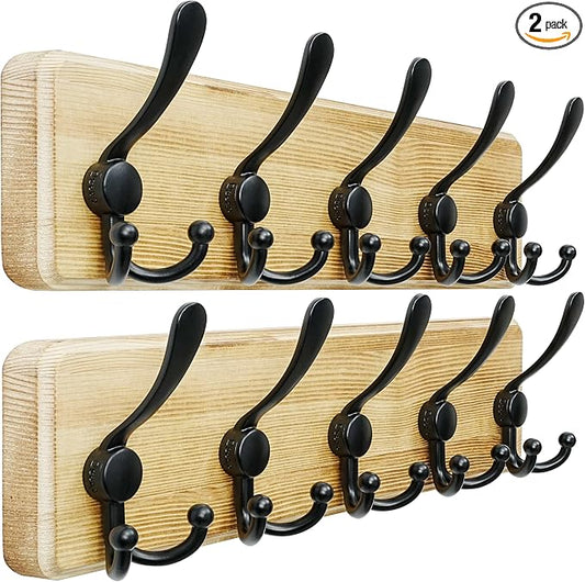 Coat Rack Wall Mount - Heavy-Duty Robust Rustic Wooden Wall Coat Hanger Hook Rail with 5 Triple Hooks for Winter Coats Hat Jacket Clothing, Light Brown & Black, Pack of 2